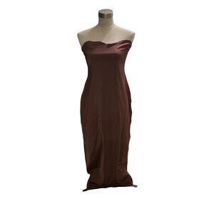 Zara Womens Satin Strapless Slip Dress SZ XL Brown Midi Maxi Gown Slit Tube Top